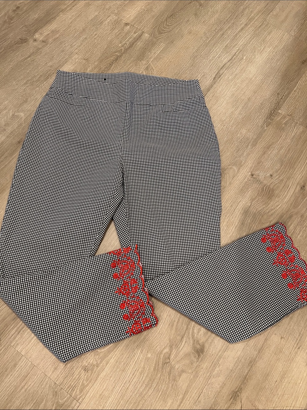 Black & White gingham Pants with Red Embroidered Hem